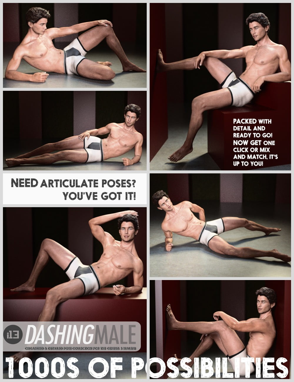i13 Dashing Male Mega Pose Collection for the Genesis 3 Male(s)