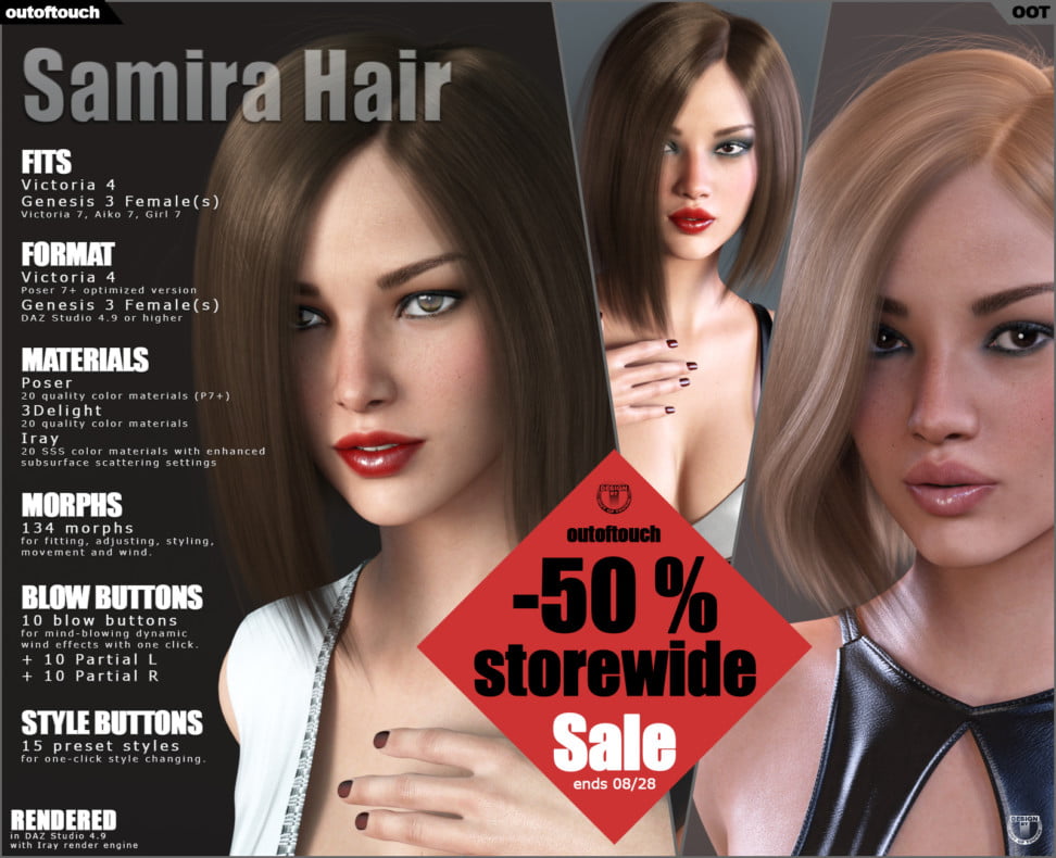 Samira Bob Hair for Victoria 4 and Genesis 3 Females