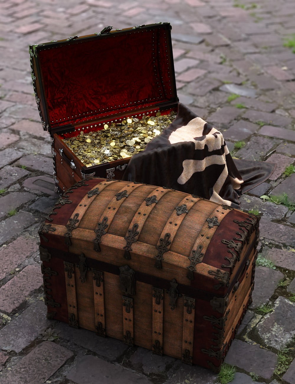 Pirate Treasure Chest, Coins and Flag