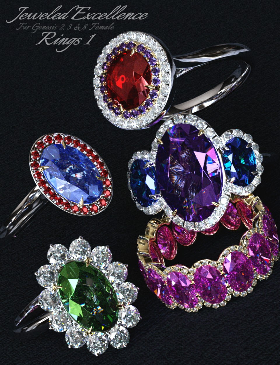 Jeweled Excellence Rings 1 for Genesis 2, 3 and 8 Female(s)