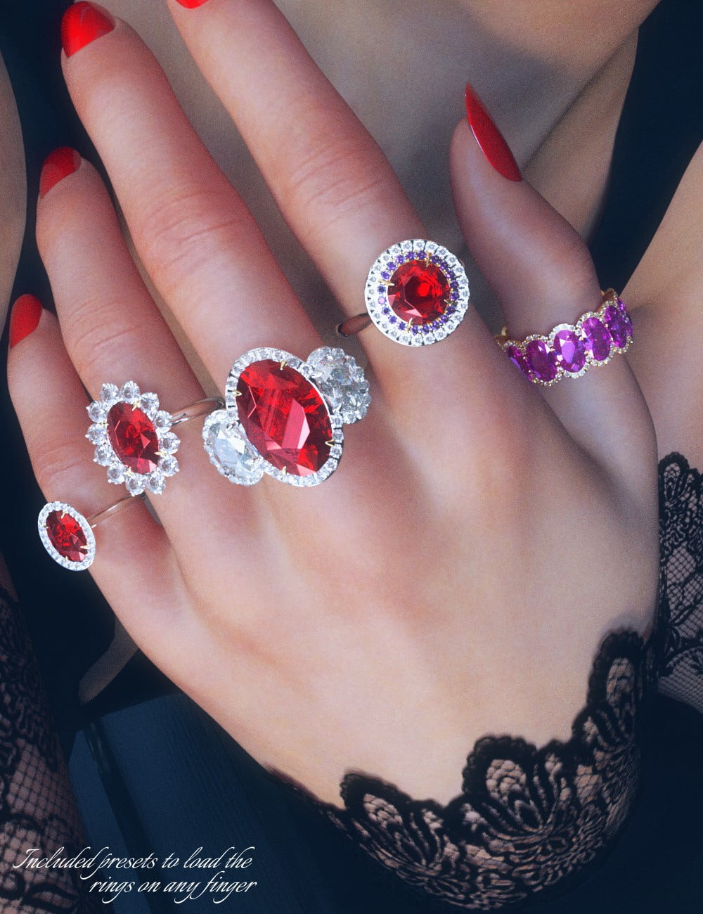 Jeweled Excellence Rings 1 for Genesis 2, 3 and 8 Female(s)