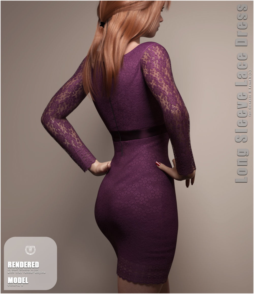 Long Sleeve Lace Dress for Genesis 8 Female(s)