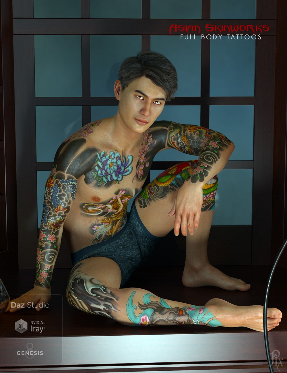 Asian SkinWorks L.I.E. Tattoos for Genesis 3 and 8 Male(s)