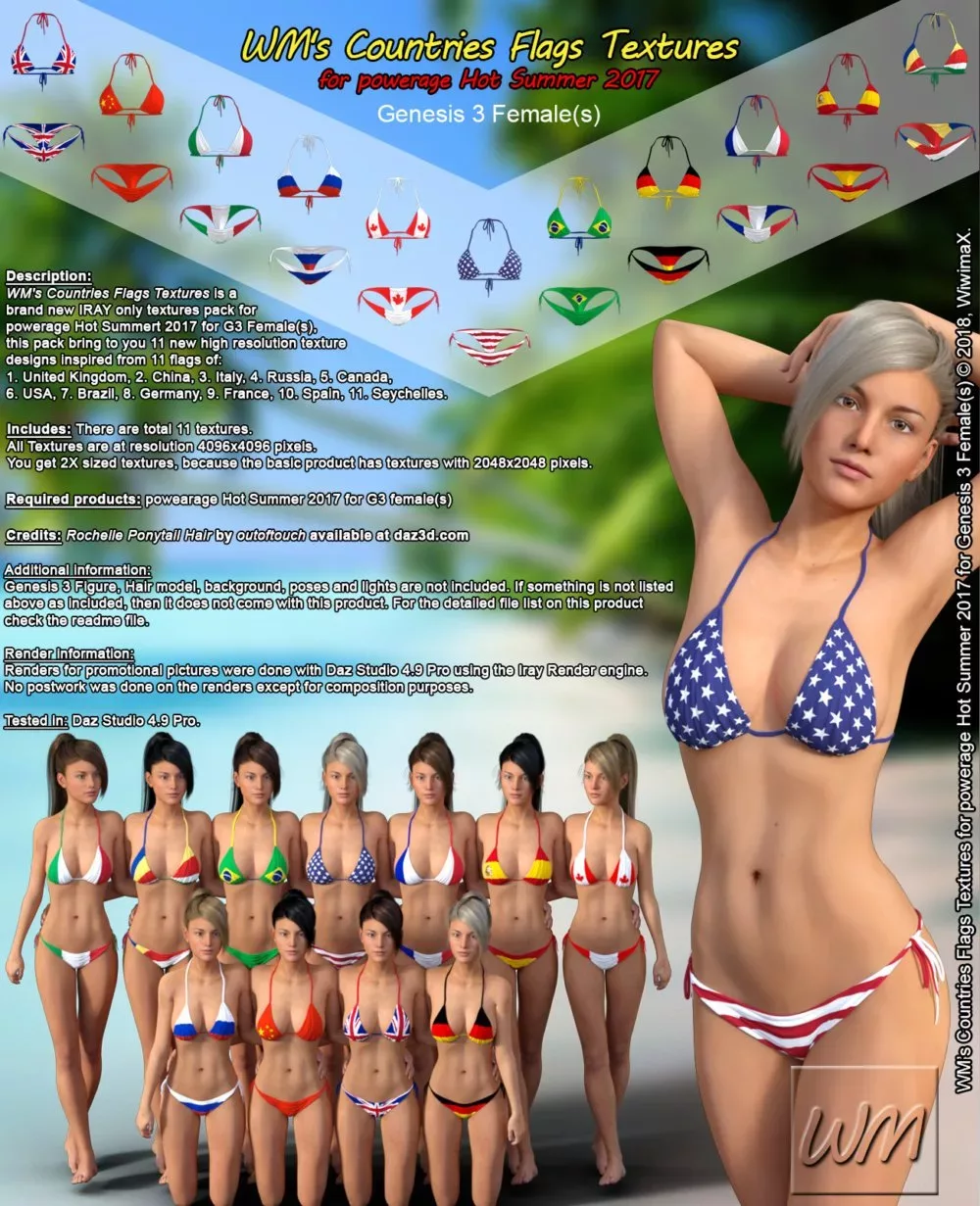 WM's Countries Flags Textures for Hot Summer 2017 for Genesis 3 Female ⋆  Freebies Daz 3D