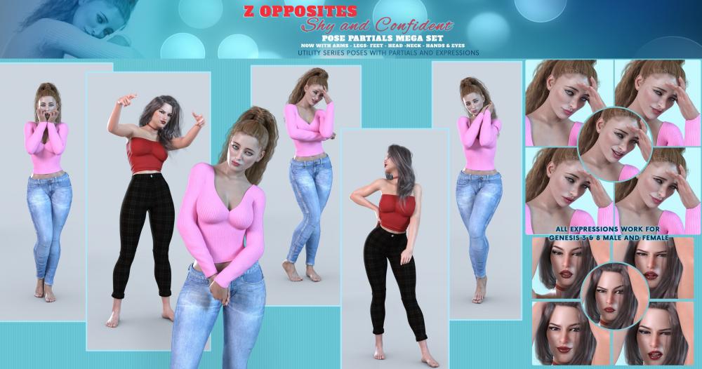 Z Shy and Confident Pose Partials Mega Set for Genesis 3 and Genesis 8