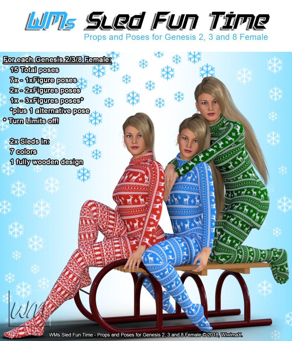 WMs Sled Fun Time – Props and Poses for Genesis 2, 3 and 8 Female