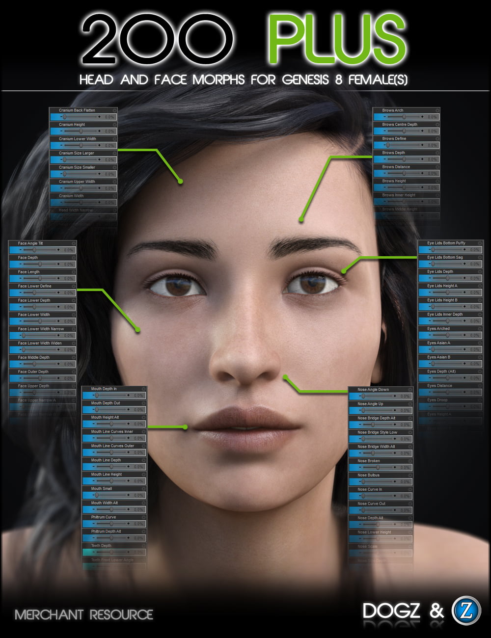 200 Plus Head and Face Morphs for Genesis 8 Female(s)