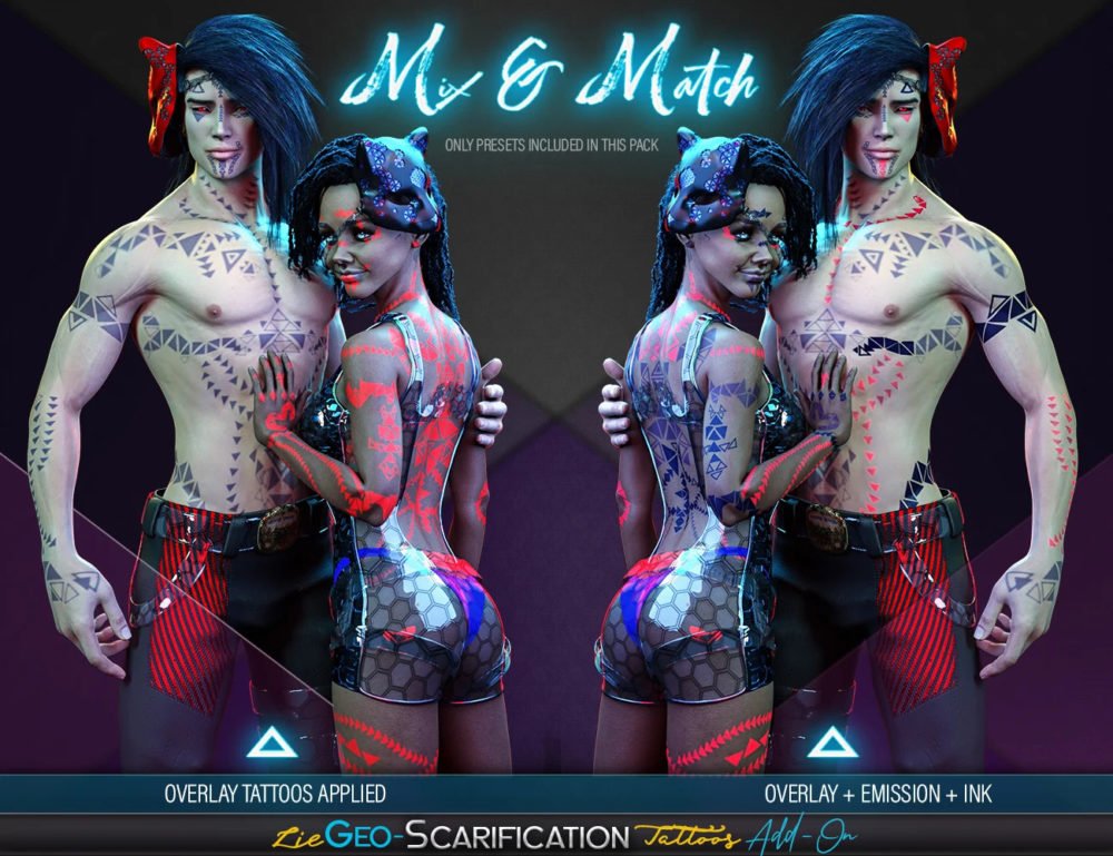 LIE Geo Scarification Tattoos Overlay Add-On for Genesis 8 Male and Female