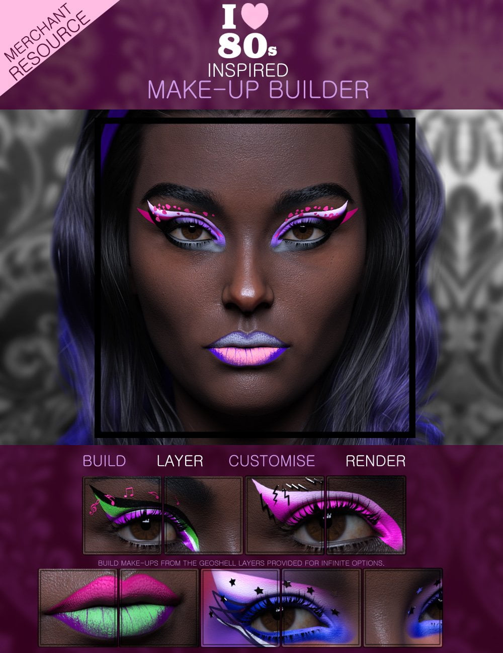 I Love the 80's Inspired Geoshell Make-Up Builder Merchant Resource for Genesis 8.1 Females