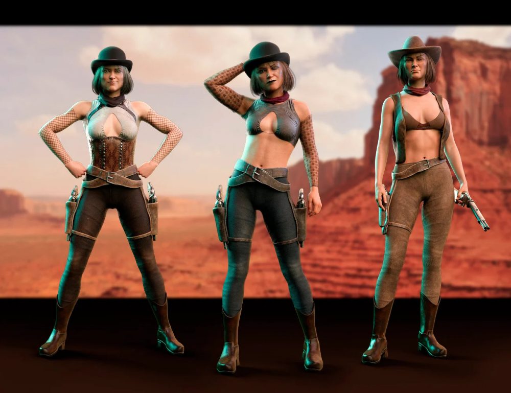 M3D Western Outfit, Hat/Hair, and Weapon for Genesis 8 and 8.1 Female