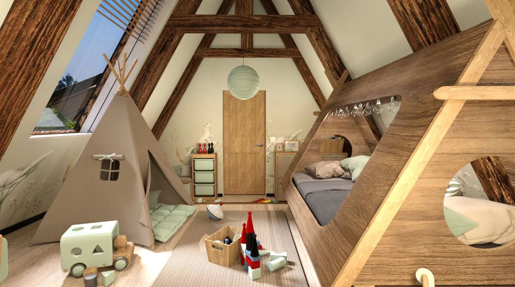 Scandinavian Style A-Frame House AddOn: Office and Child Room