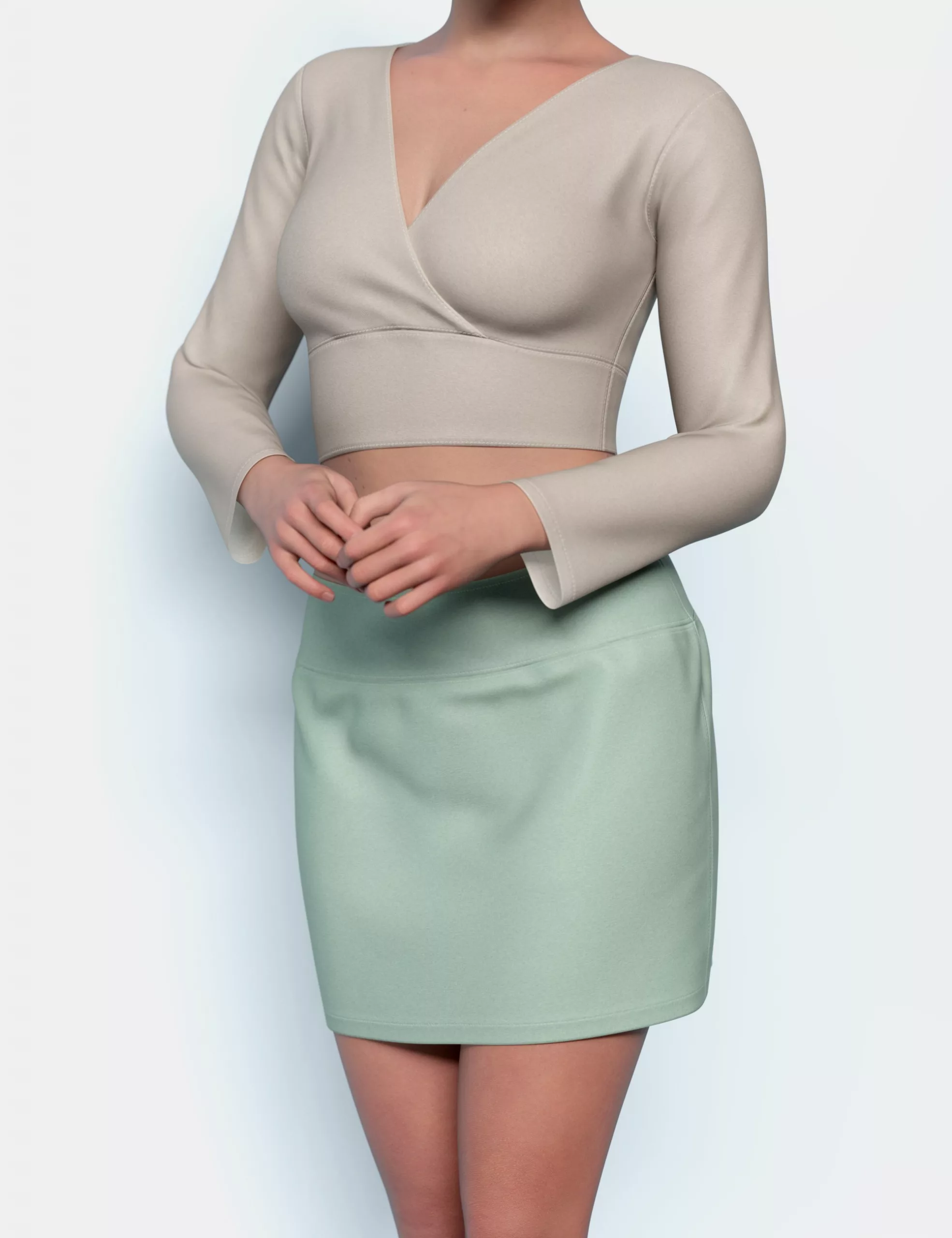 dForce Wrapped Crop Longsleeve Shirt and Skirt Outfit for Genesis 9