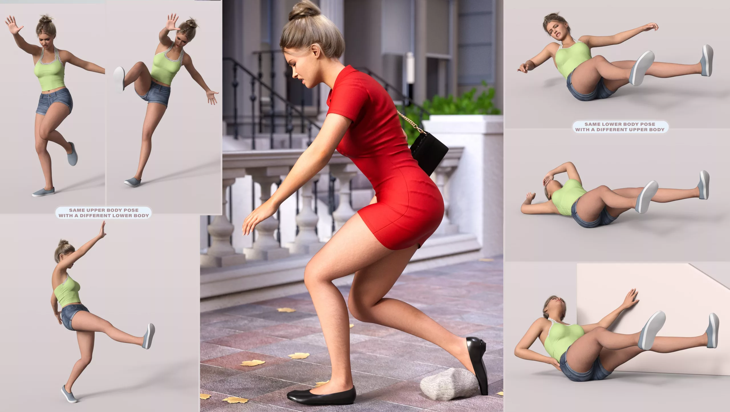 Z Stumbling and Falling Pose Utility Set for Genesis 9 and 8 Female