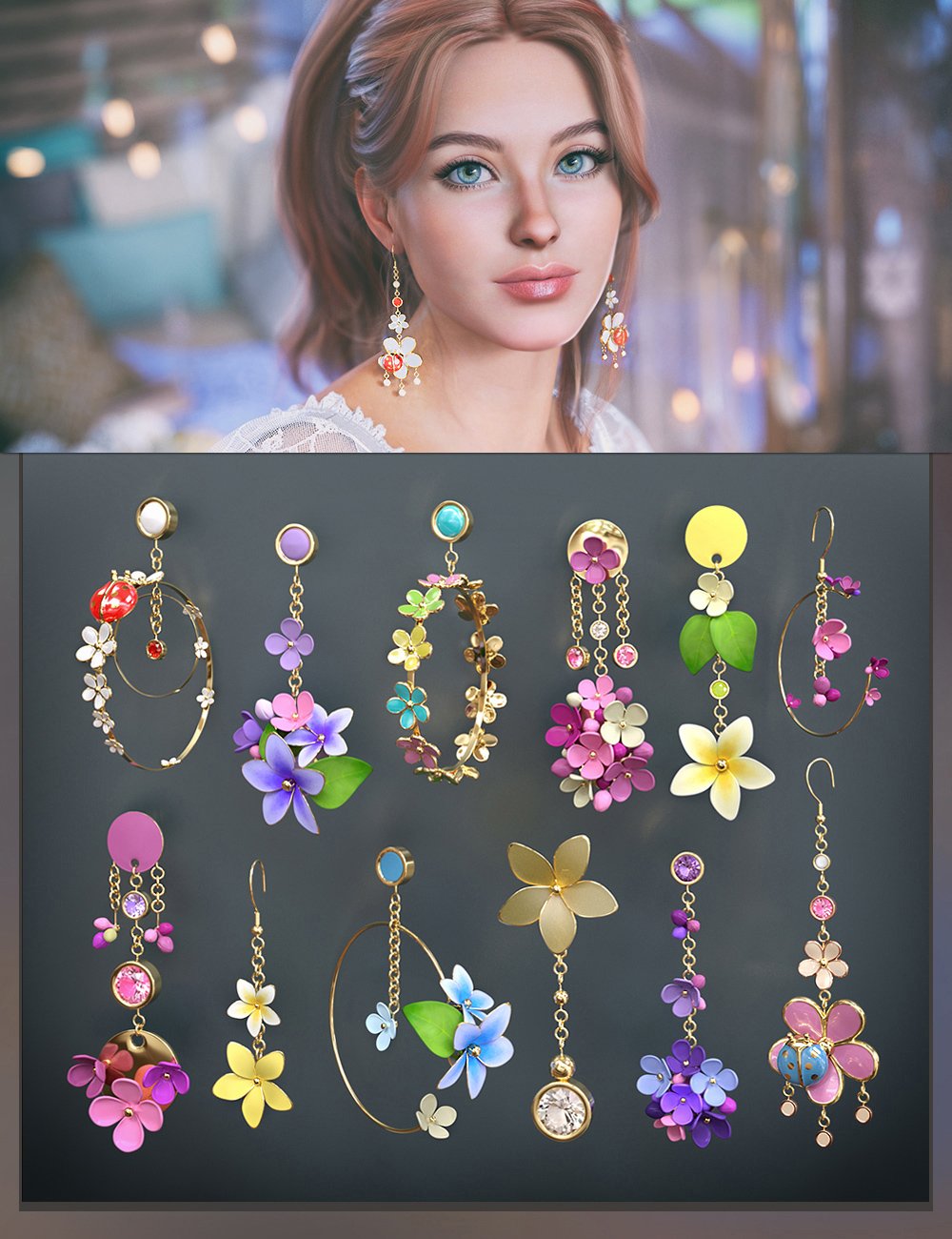 VRV Flora Fiesta Hanging Earring addon for Genesis 9, 8.1, and 8 Females